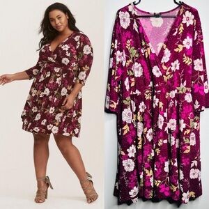 Torrid 4X Plum Floral Midi Dress V-Neck Stretch Waist Boho Chic